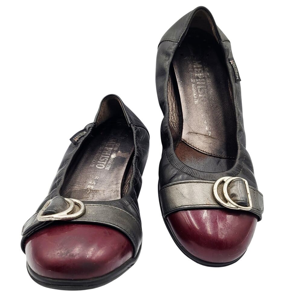 Mephisto Air-Relax Black & Burgundy Red Leather Ballet Flats Buckle Women's 7
